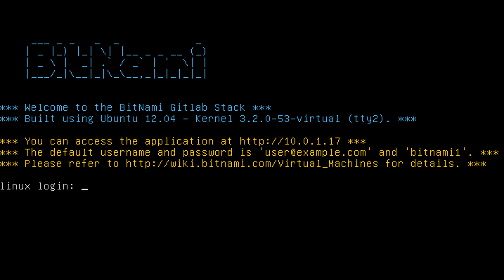 L’écran d’identification de la machine virtuelle du GitLab de
Bitnami.