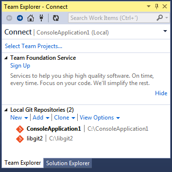 Connexion à un dépôt Git depuis \_Team Explorer\_.