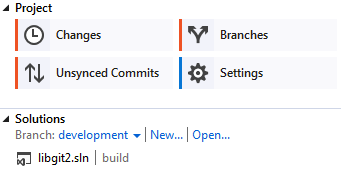 La vue « Accueil » pour un dépôt Git dans Visual
Studio.